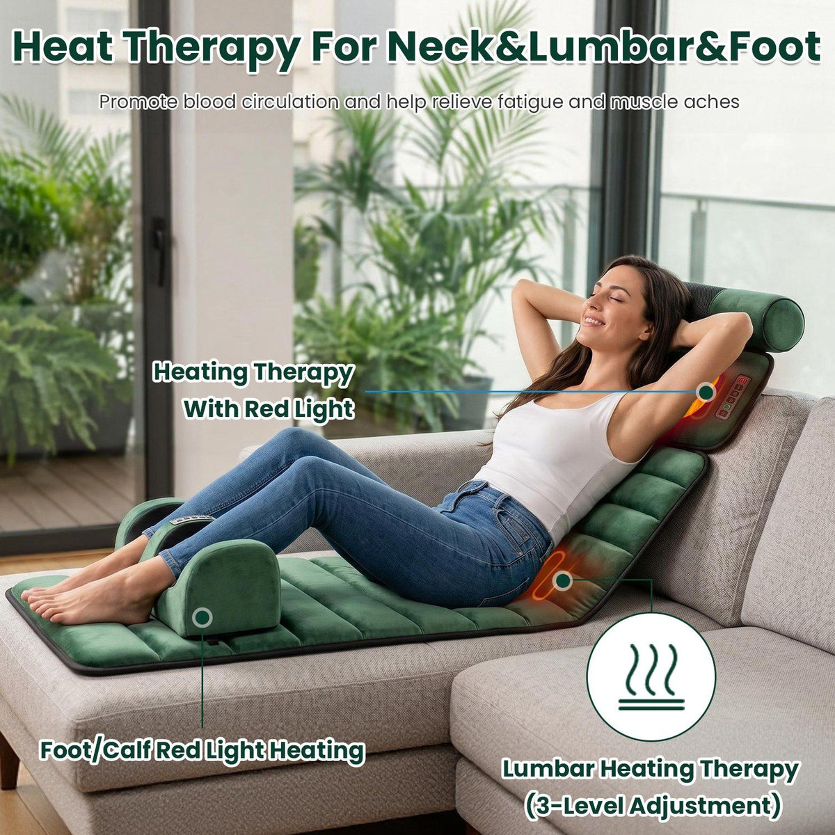 Woman relaxing on the green mat with labels for neck, lumbar and foot heat