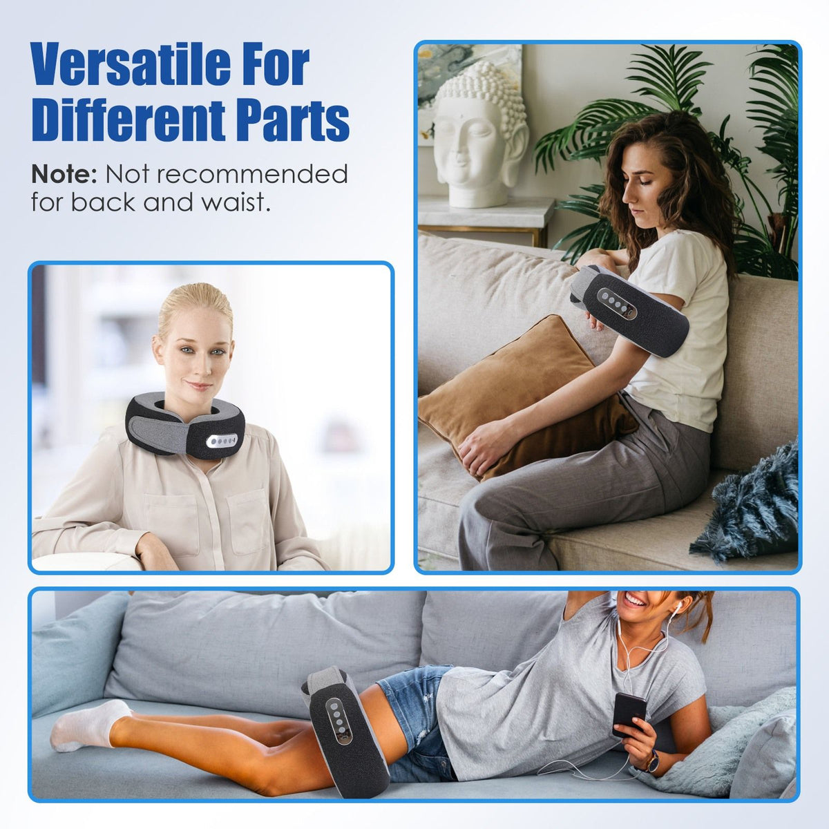 Photos of the pillow used on the neck, shoulders, arms and legs, noting it is not for the back or waist