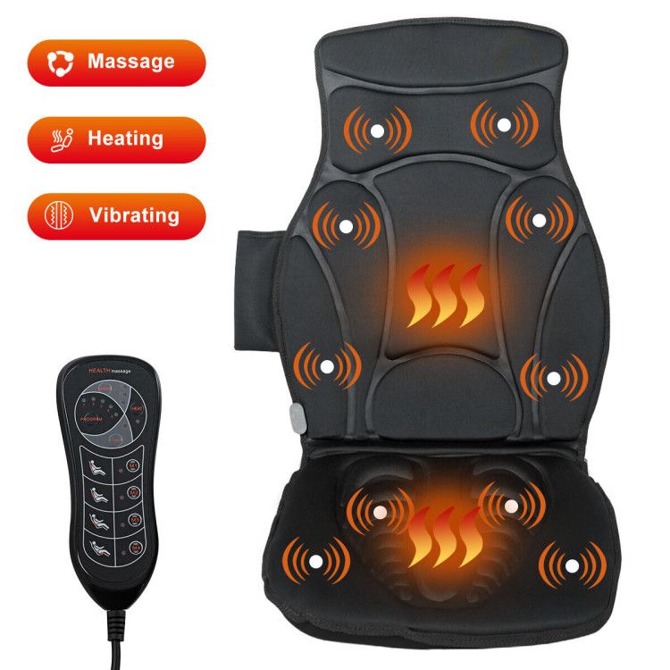 Black massage cushion with its remote, labeled for massage, heat and vibration