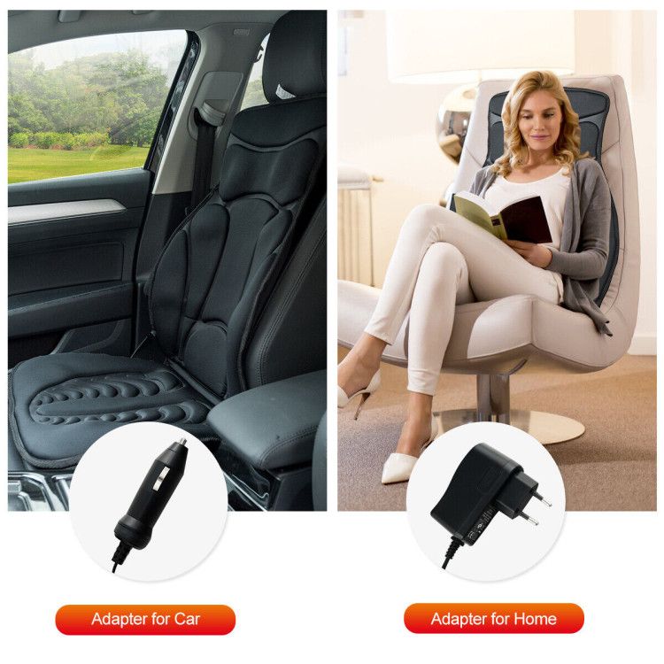 Massage cushion strapped to a car seat and to an armchair, with its car adapter and home adapter