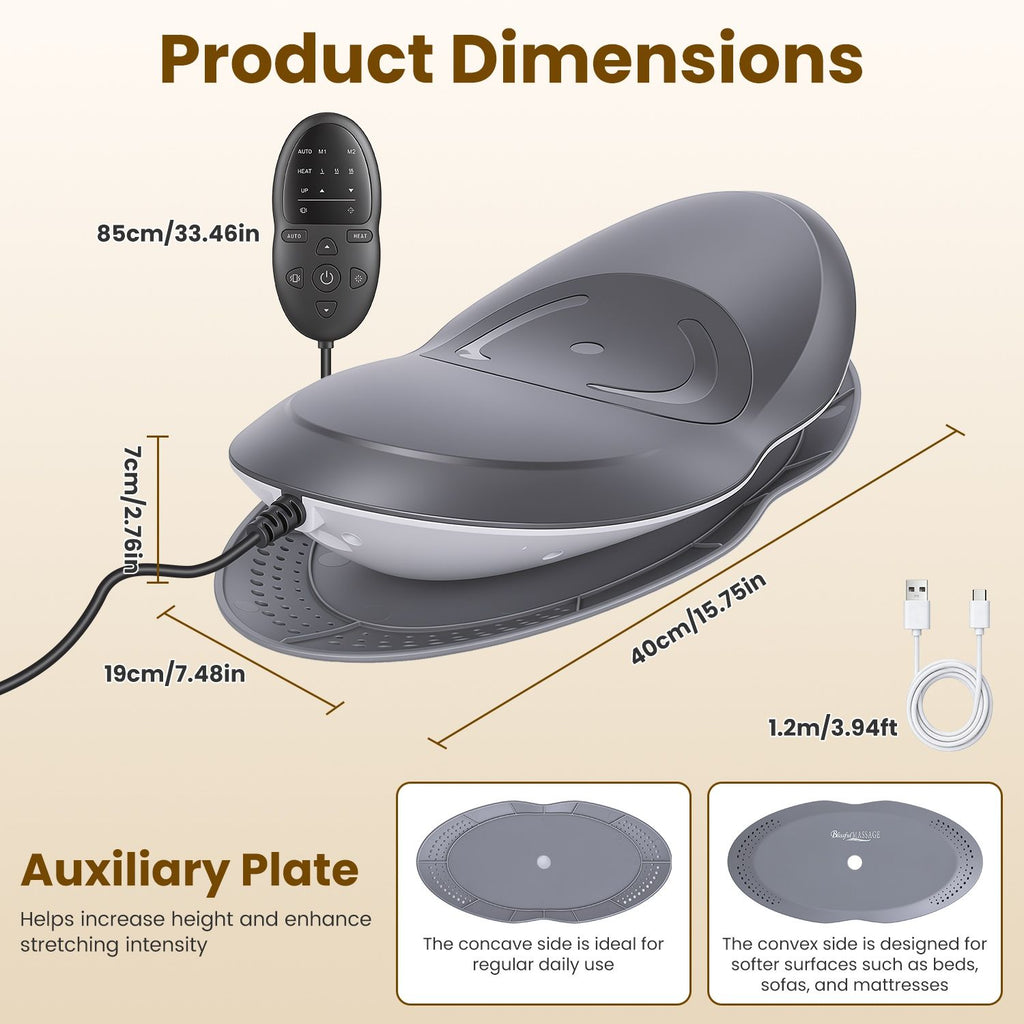 Size diagram of the lumbar massager, with the two-sided base plate for floors and soft surfaces