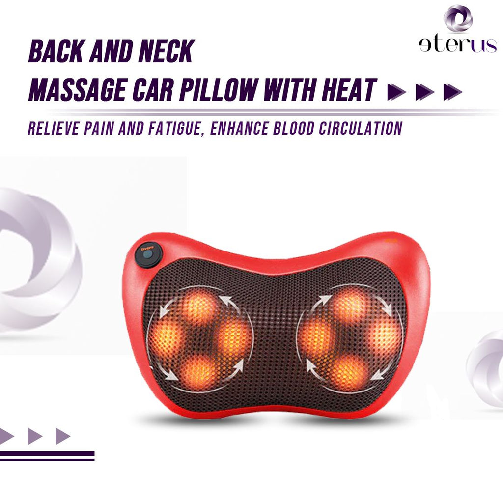Red and black massage pillow with glowing kneading heads, titled back and neck massage car pillow with heat