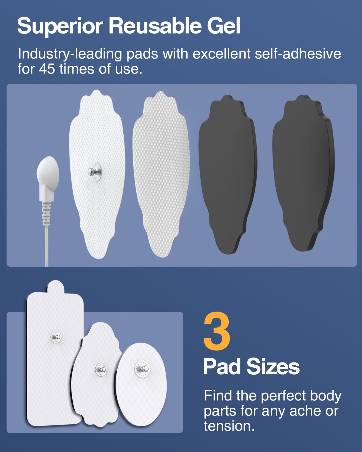Reusable gel pads in three sizes, white and black