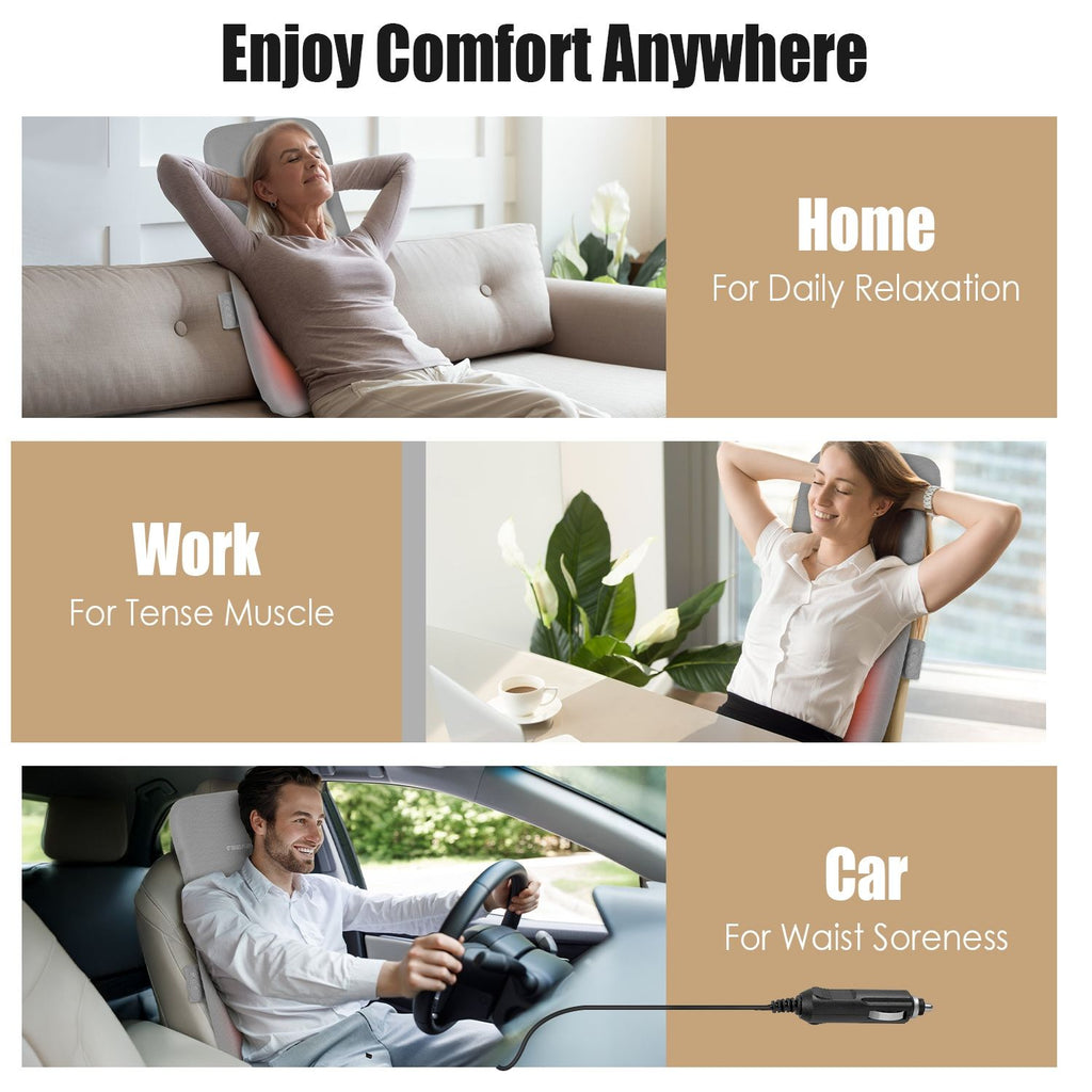 Back cushion used at home on a sofa, at work in an office chair and in a car