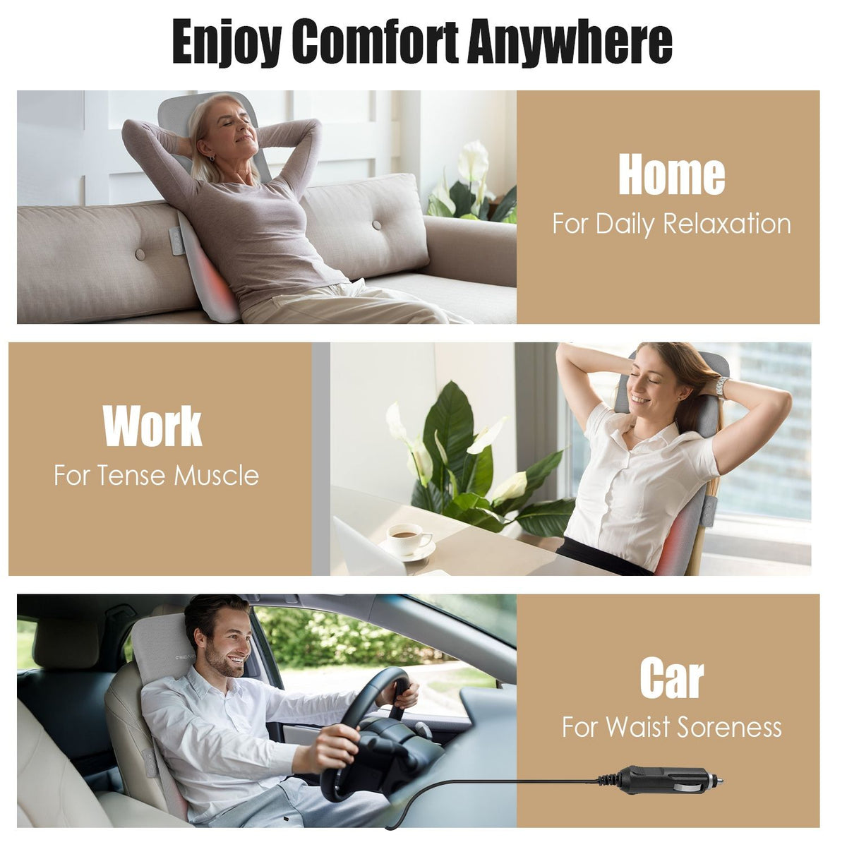 Back cushion used at home on a sofa, at work in an office chair and in a car