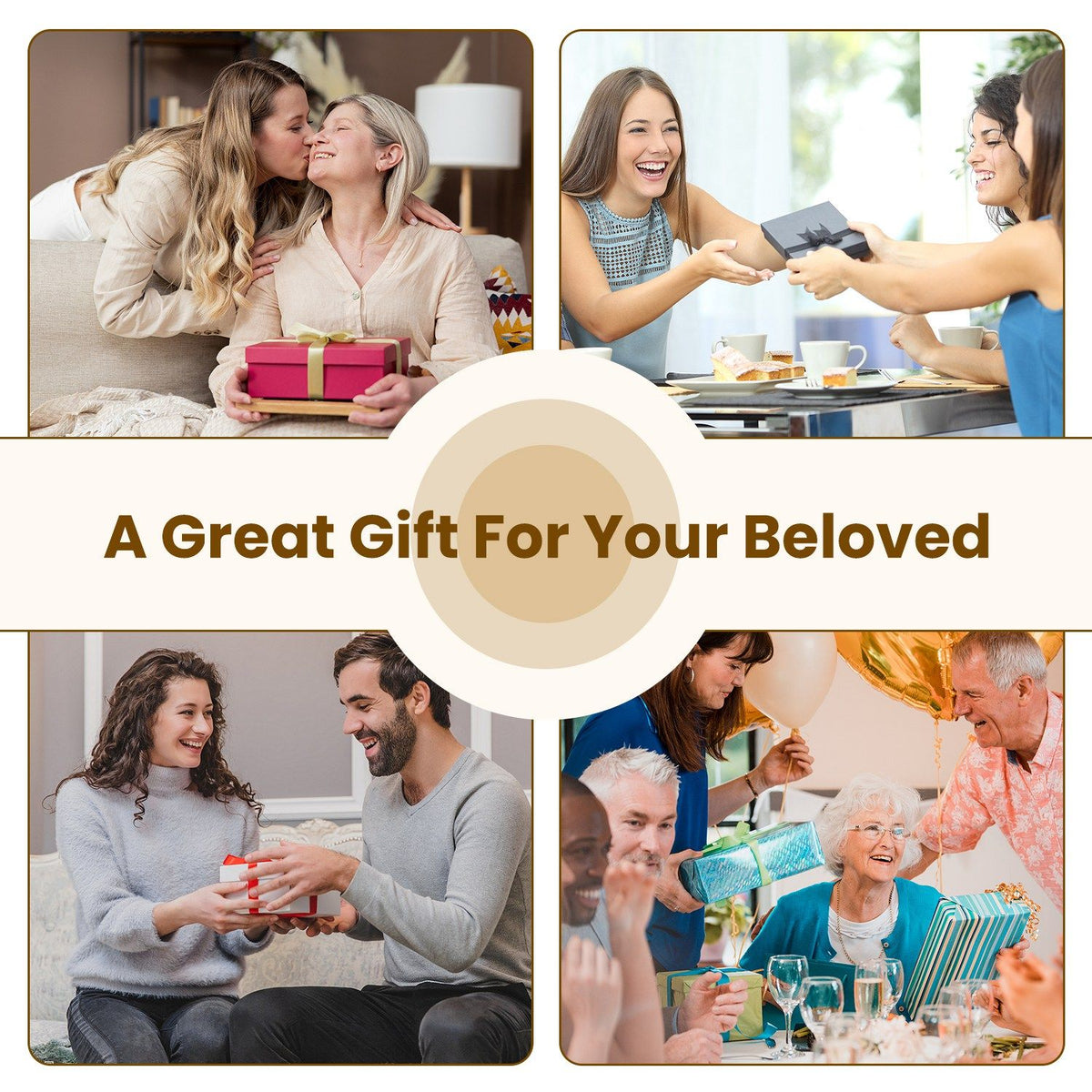 Collage of people giving and enjoying the lumbar massager as a gift