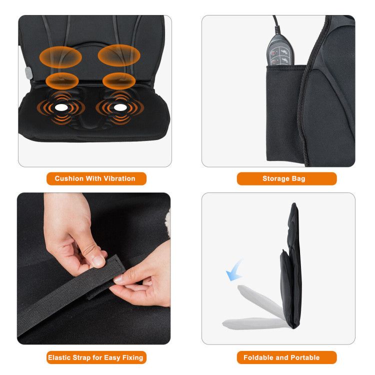 Four close-ups: the heat pads, the side storage pocket, the elastic strap and the cushion folded in half