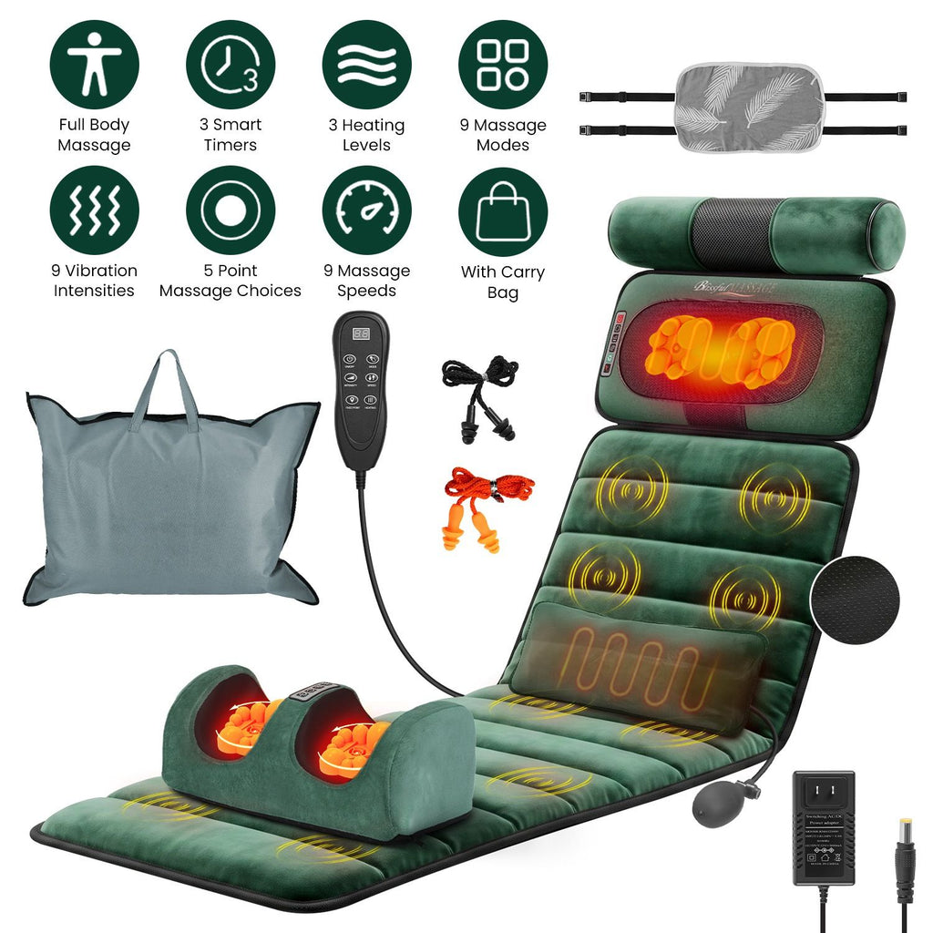 Green massage mat with all its accessories and feature icons