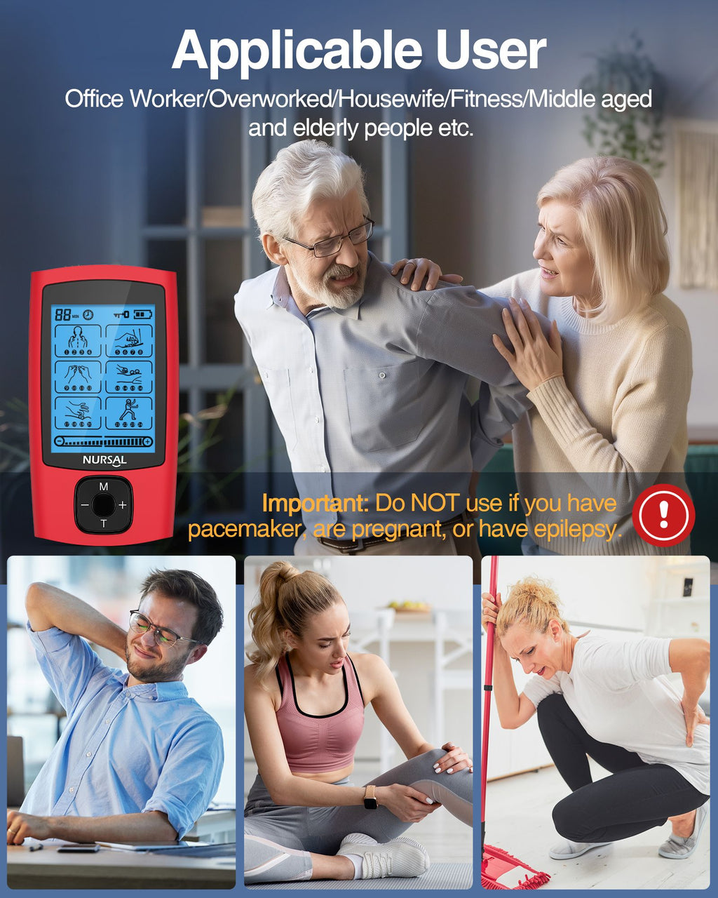 Photos of office workers, homemakers and older adults using the unit, with a warning not to use it with a pacemaker, during pregnancy or with epilepsy