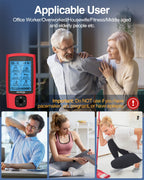 Photos of office workers, homemakers and older adults using the unit, with a warning not to use it with a pacemaker, during pregnancy or with epilepsy