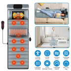 Massage mat laid flat with its neck massager and controller, beside photos of it used on a sofa and packed into its bag
