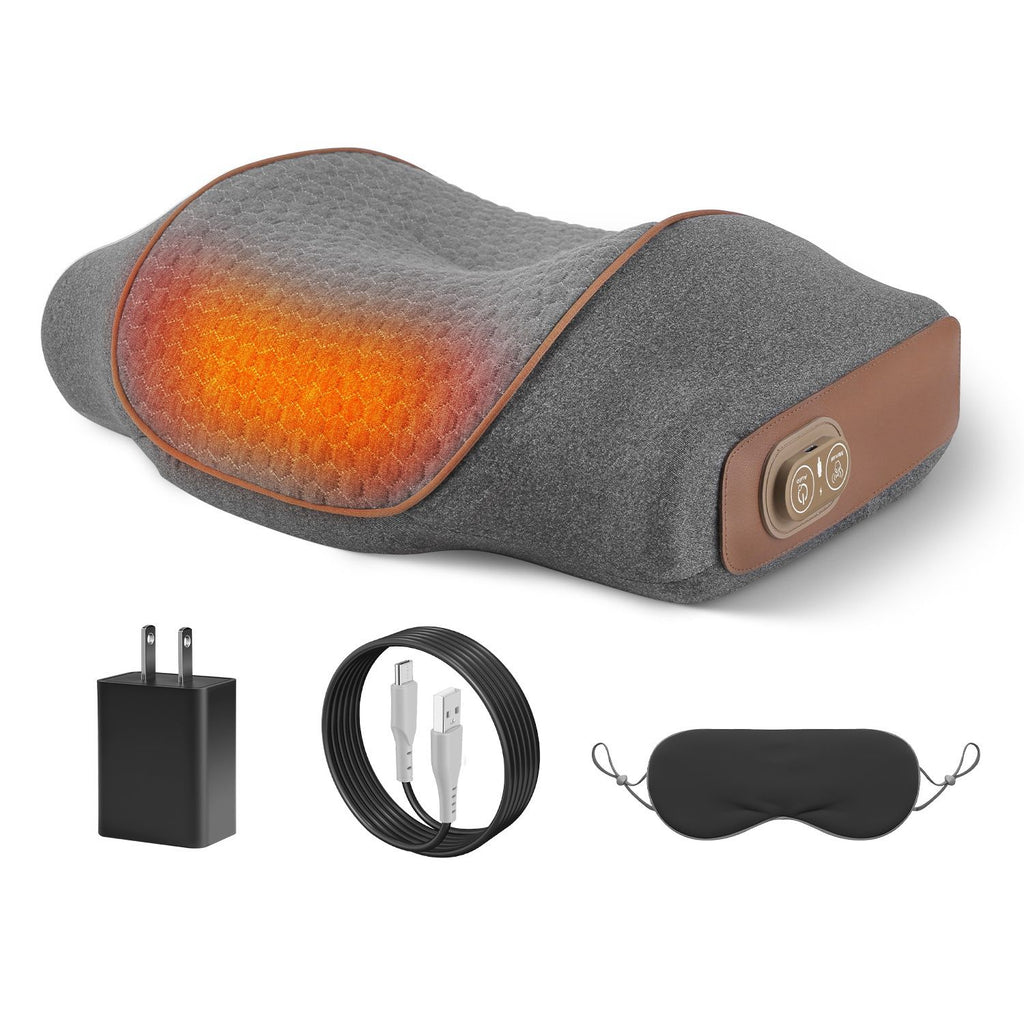 Gray neck pillow with heat glowing, adapter, cable and eye mask