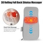 Shiatsu back cushion showing the rolling path of the nodes, with a close-up of the heated kneading nodes and the fixed point feature