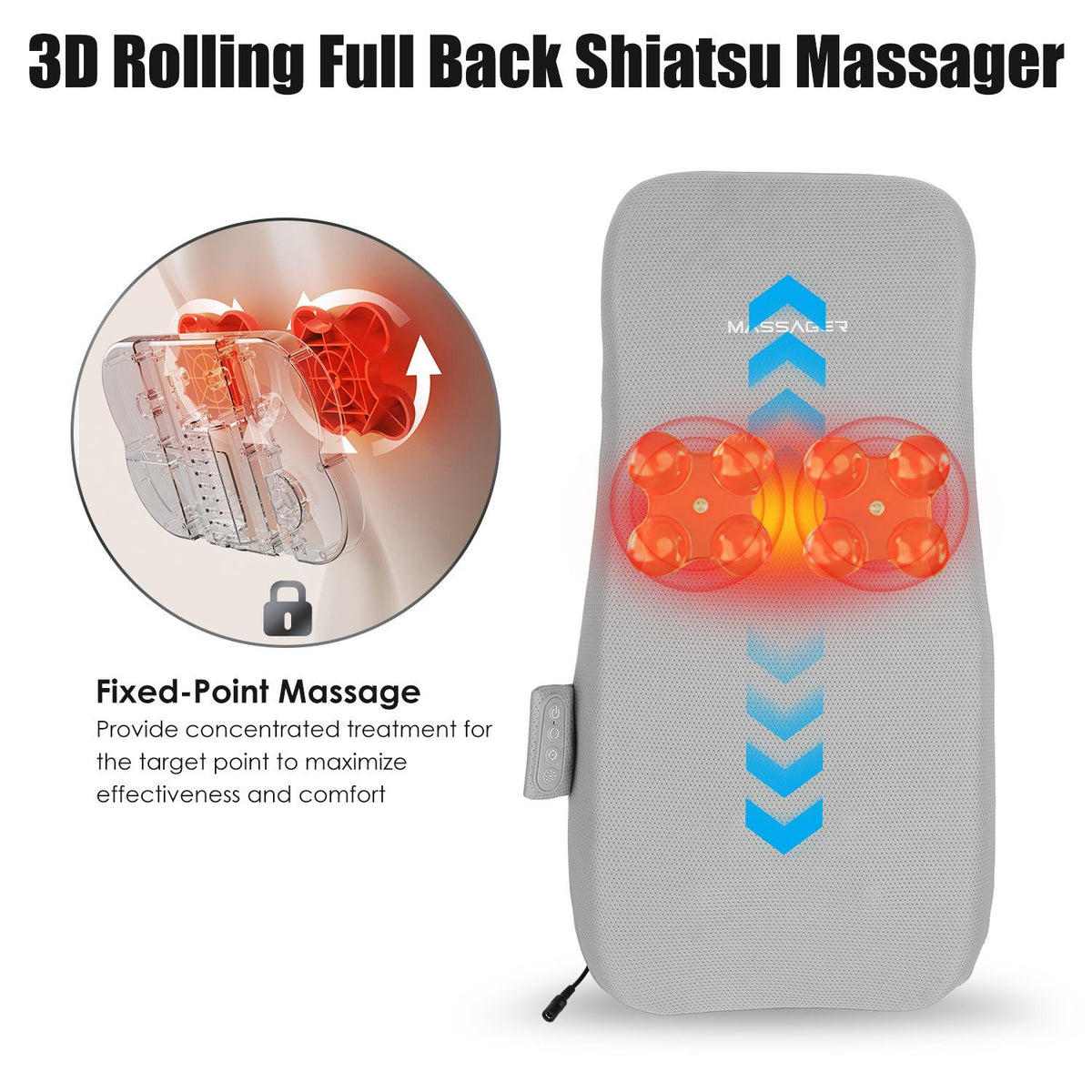 Shiatsu back cushion showing the rolling path of the nodes, with a close-up of the heated kneading nodes and the fixed point feature