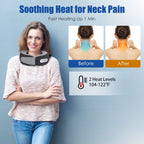 Woman wearing the neck pillow, with before and after neck drawings and 2 heat levels from 104 to 122 degrees F
