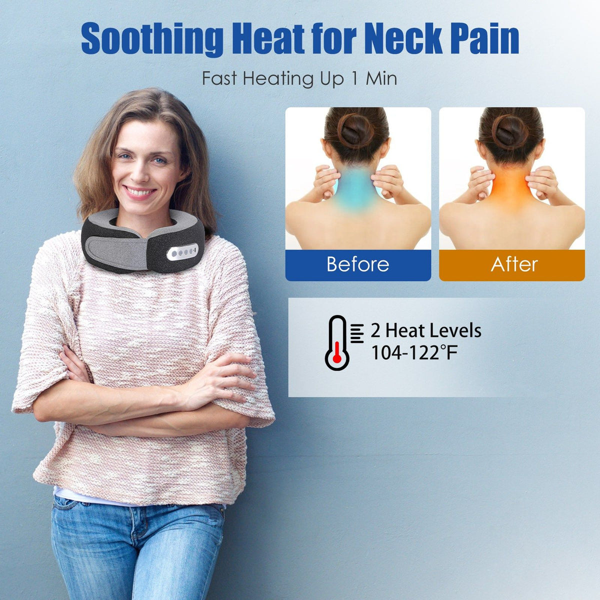 Woman wearing the neck pillow, with before and after neck drawings and 2 heat levels from 104 to 122 degrees F
