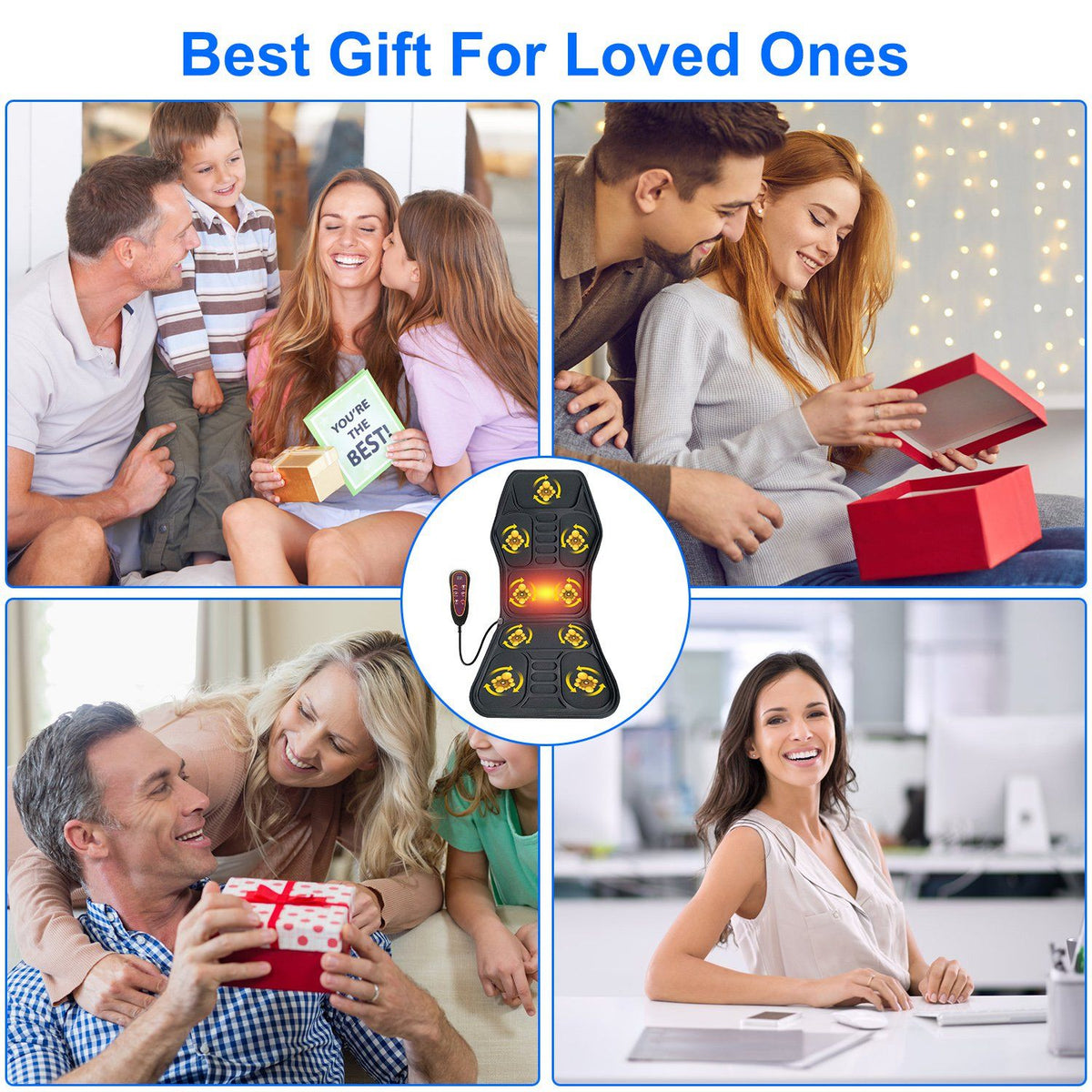 Collage of people giving and enjoying the massage pad as a gift