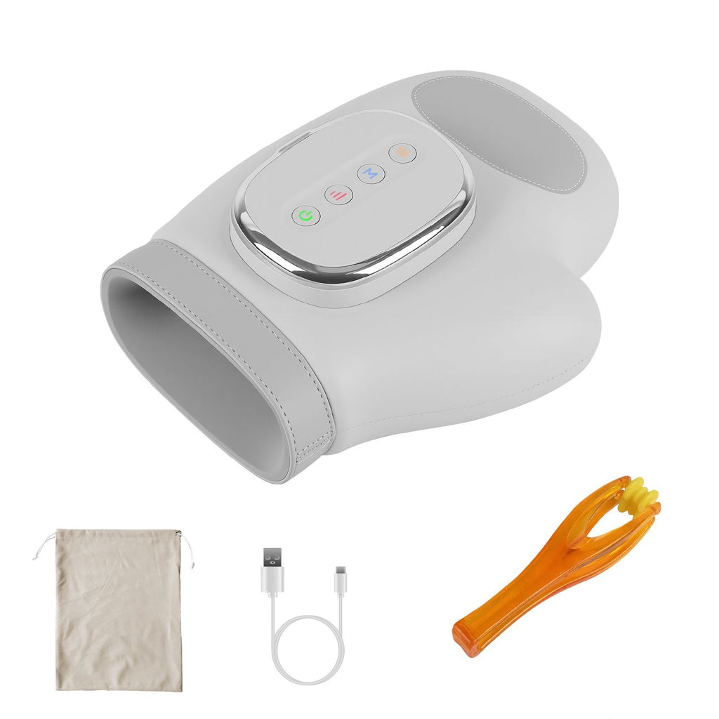 Light gray hand massager with its carry bag, cable and finger massager