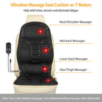 Seat cushion on a chair labeled with neck and shoulder, mid back, lower back and hip and thigh areas, noting it is a vibration massager