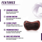 Massage pillow beside a feature list: ergonomic design, heat, flexible strap, PU leather and quiet motor