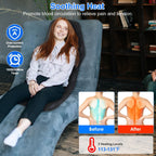 Woman relaxing on the pad in a recliner, with heat images of a back and icons for overheat protection and a timer