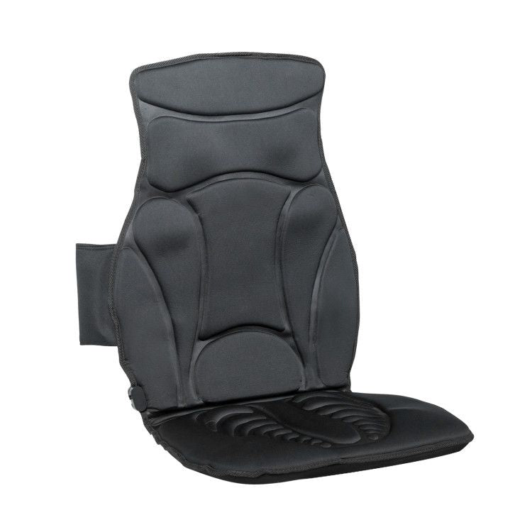 Black heated massage cushion with back and seat sections, front view