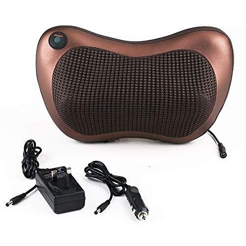 Brown massage pillow with its home adapter and car adapter