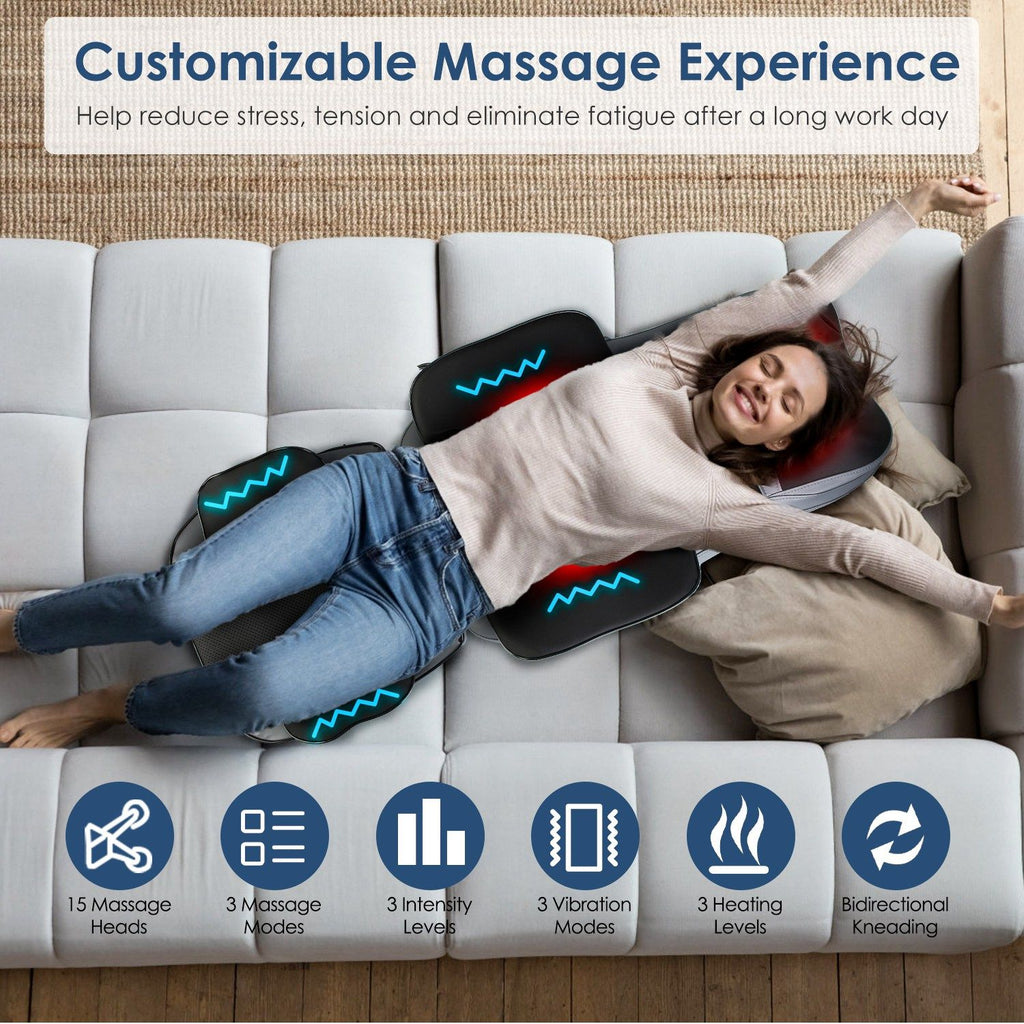 Woman lying back on the cushion on a sofa, with icons for massage modes, intensity, vibration, heat and kneading direction