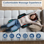 Woman lying back on the cushion on a sofa, with icons for massage modes, intensity, vibration, heat and kneading direction