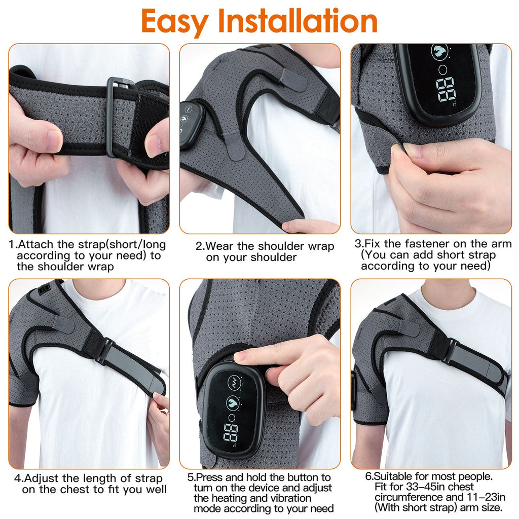 Six step photos showing how to put on and adjust the shoulder wrap