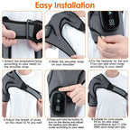 Six step photos showing how to put on and adjust the shoulder wrap