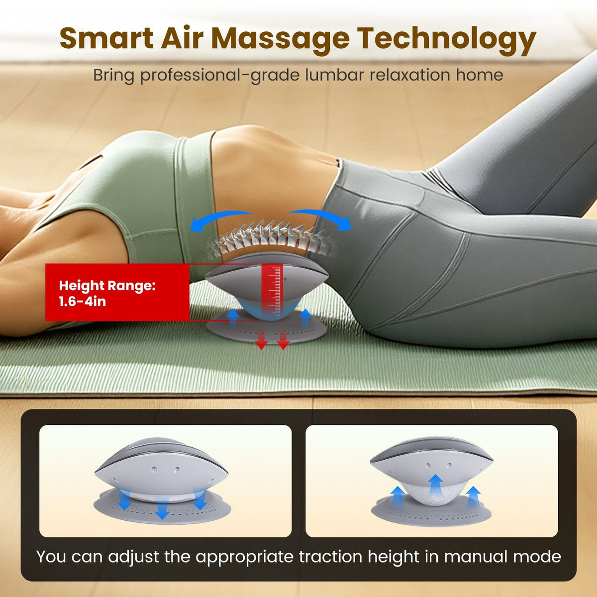 Diagram of the air lift raising the lower back, with the massager shown lowered and raised
