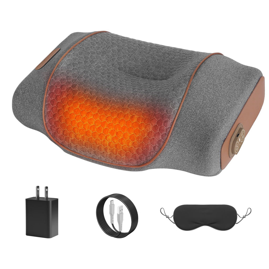 Gray neck pillow with heat glowing, angled view, with adapter, cable and eye mask