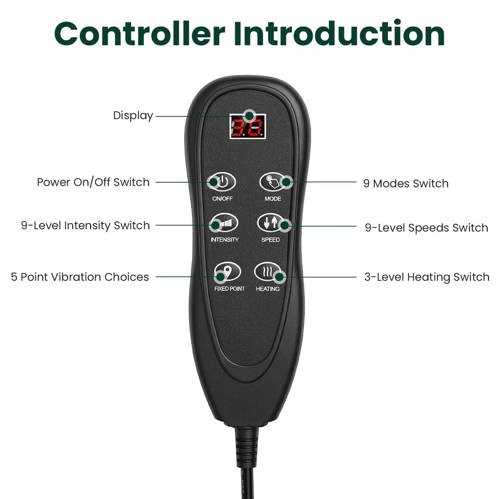 Close-up of the handheld controller with buttons for power, modes, intensity, speed, point vibration and heat