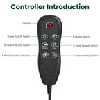 Close-up of the handheld controller with buttons for power, modes, intensity, speed, point vibration and heat