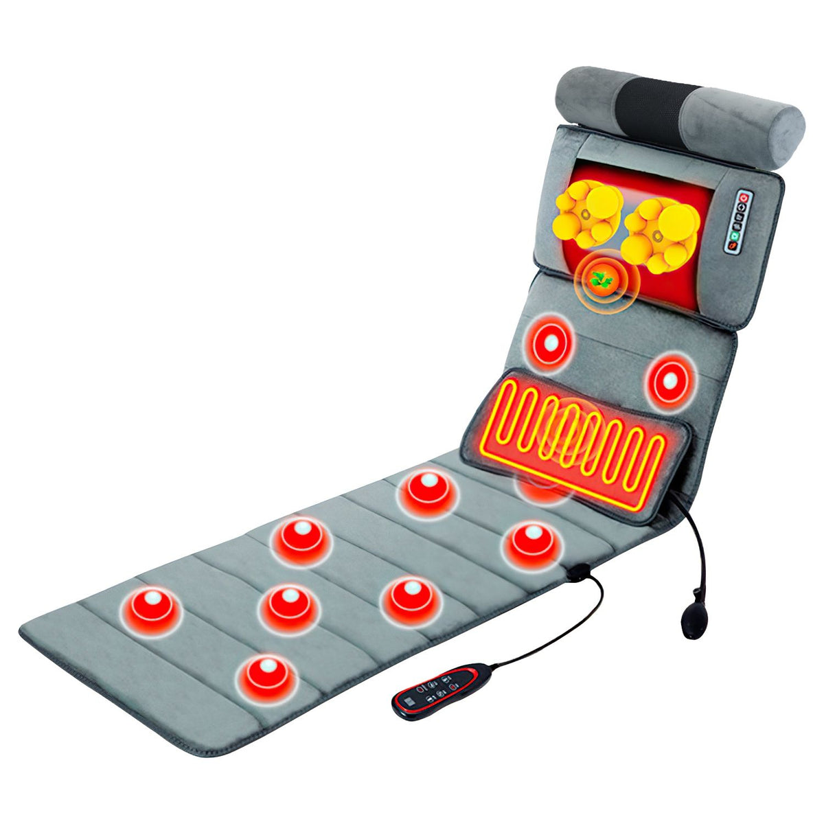 Gray massage mat with neck massager, angled view showing the glowing massage spots