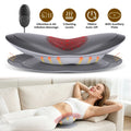 Gray air lift lumbar massager with its controller, with icons for vibration, air lift, heat levels and timer, and a woman lying on it on a sofa