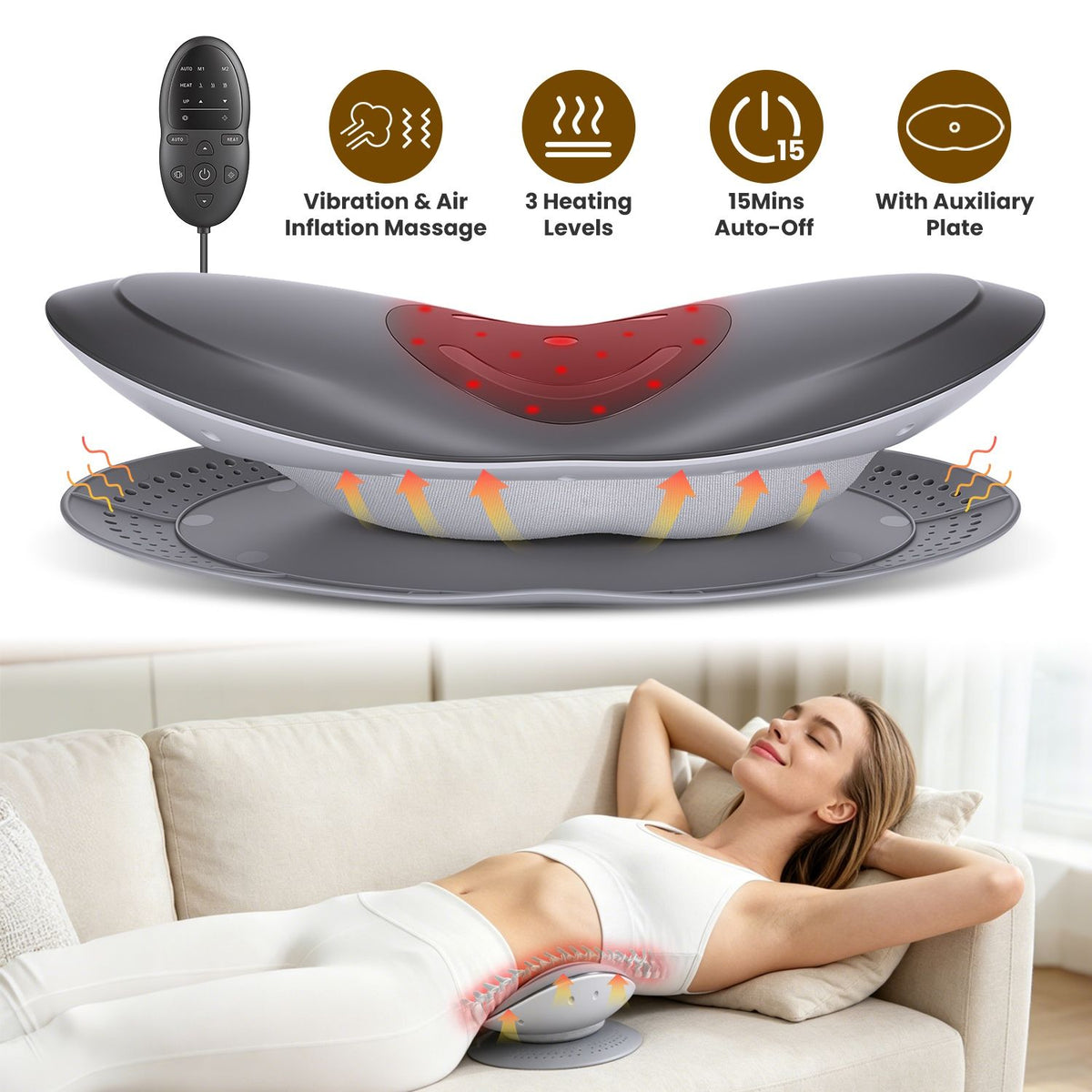 Gray air lift lumbar massager with its controller, with icons for vibration, air lift, heat levels and timer, and a woman lying on it on a sofa