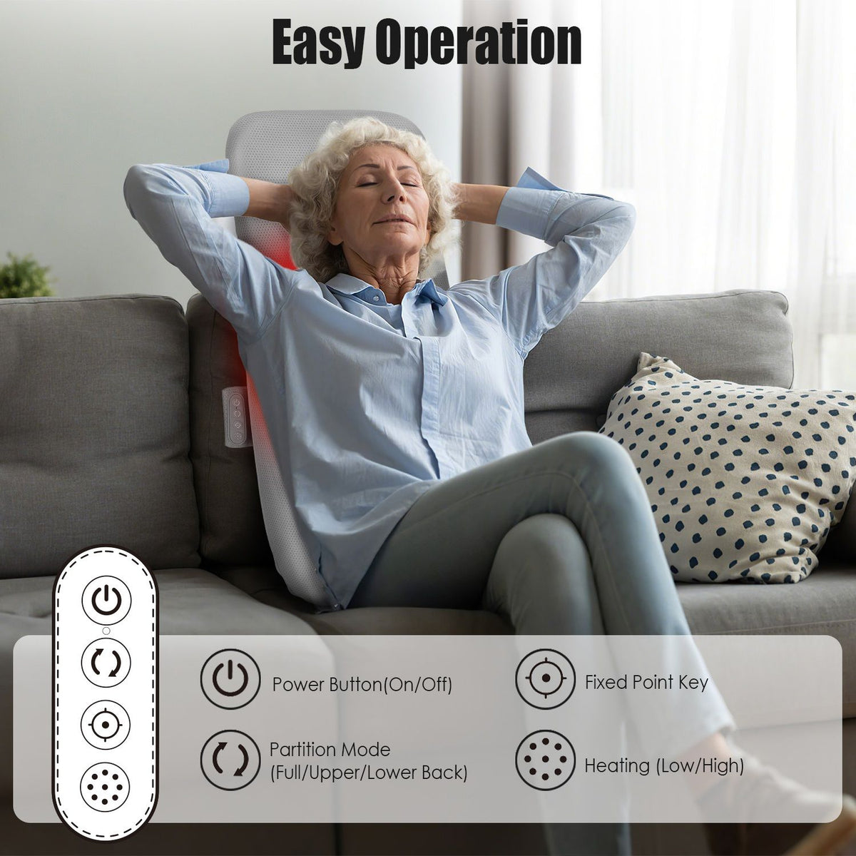 Older woman relaxing on a sofa with the back cushion, with a guide to the control buttons